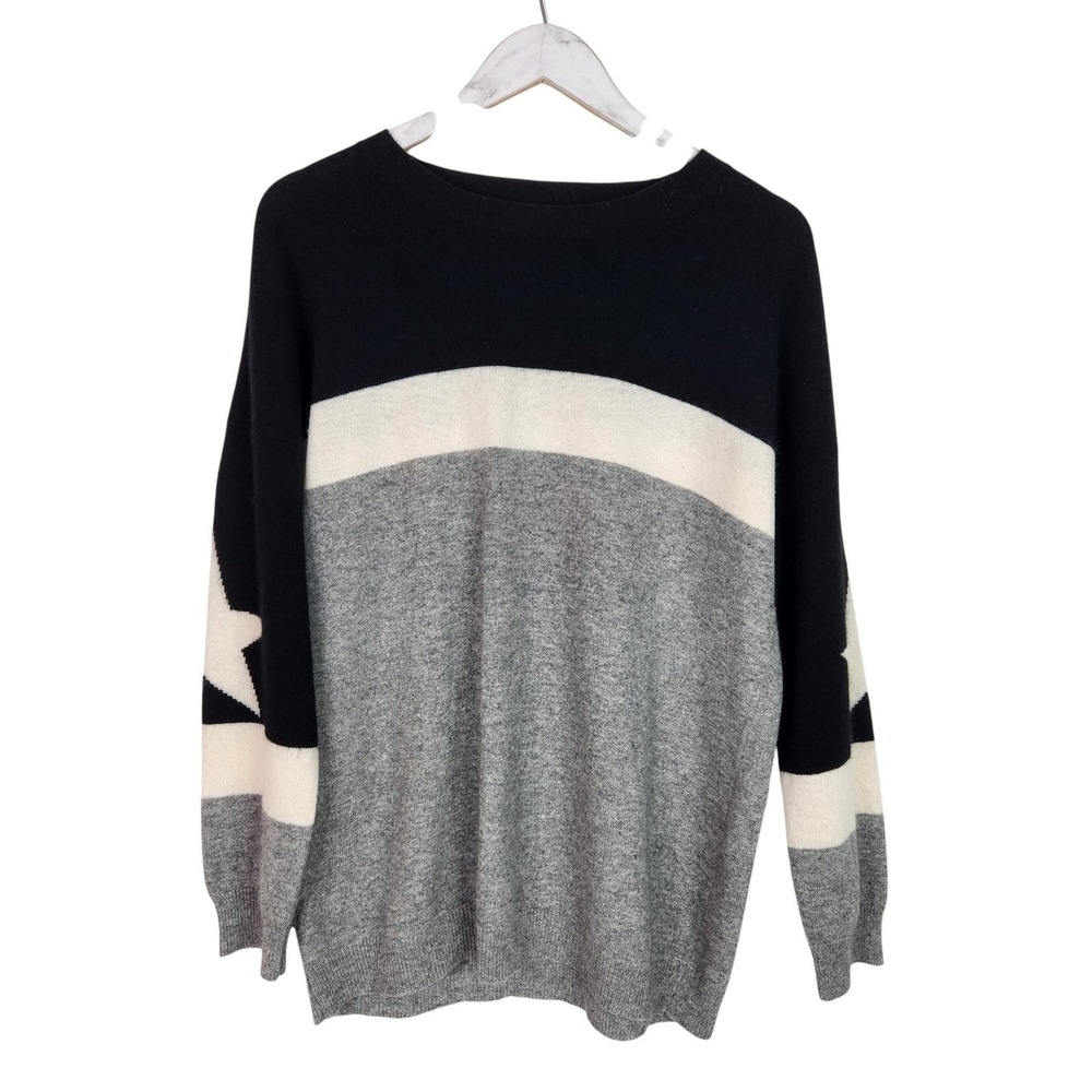 BRODIE Sweater Womens Medium Gray‎ Black Cashmere Star Colorblock Pullover Knit